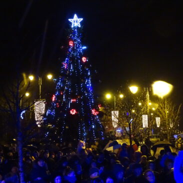 Kukliai žavinga Kalėdų eglė sužibo Skuode