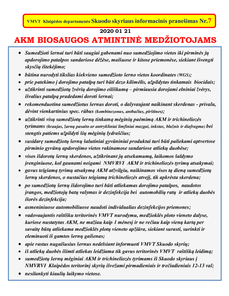 Afrikinio kiaulių maro biosaugos atmintinė medžiotojams