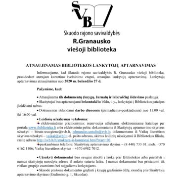 Atnaujinamas Skuodo rajono savivaldybės R. Granausko viešosios bibliotekos lankytojų aptarnavimas