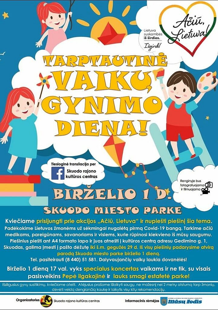 Minėsime Tarptautinę vaikų gynimo dieną ir dalyvausime visuotinėje akcijoje „Ačiū, Lietuva“