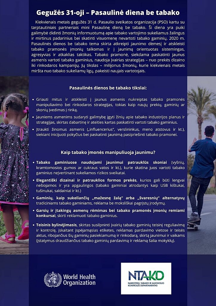 Pasaulio sveikatos organizacijos informacija, skatinanti visuomenę nevartoti tabako gaminių