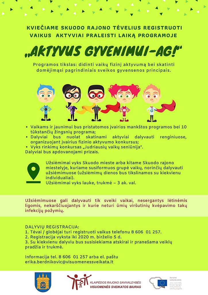 Kviečiame Skuodo rajono tėvelius registruoti vaikus dalyvauti programoje „Aktyvus gyvenimui-AG!“