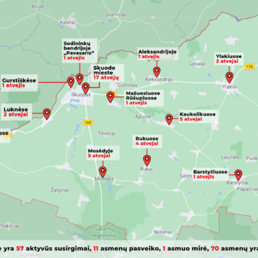 Skelbiama, kuriose rajono gyvenvietes yra koronaviruso susirgimai