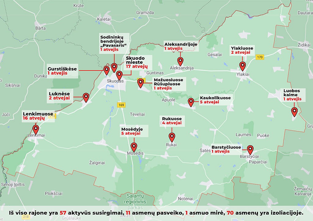 Skelbiama, kuriose rajono gyvenvietes yra koronaviruso susirgimai
