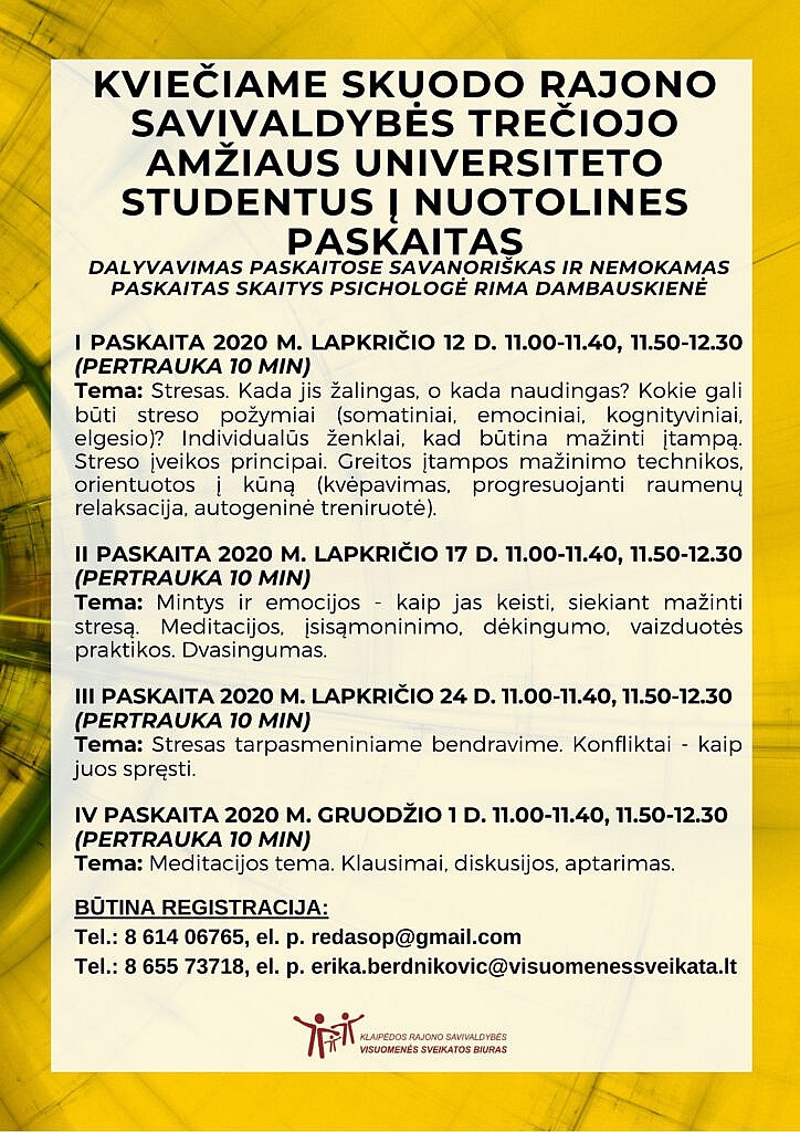 Kvietimas Skuodo trečiojo amžiaus universiteto studentams į nemokamas nuotolines paskaitas