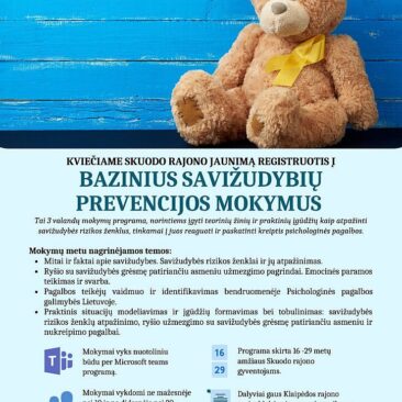 Skuodo rajono jaunimas kviečiamas į bazinius savižudybių prevencijos mokymus