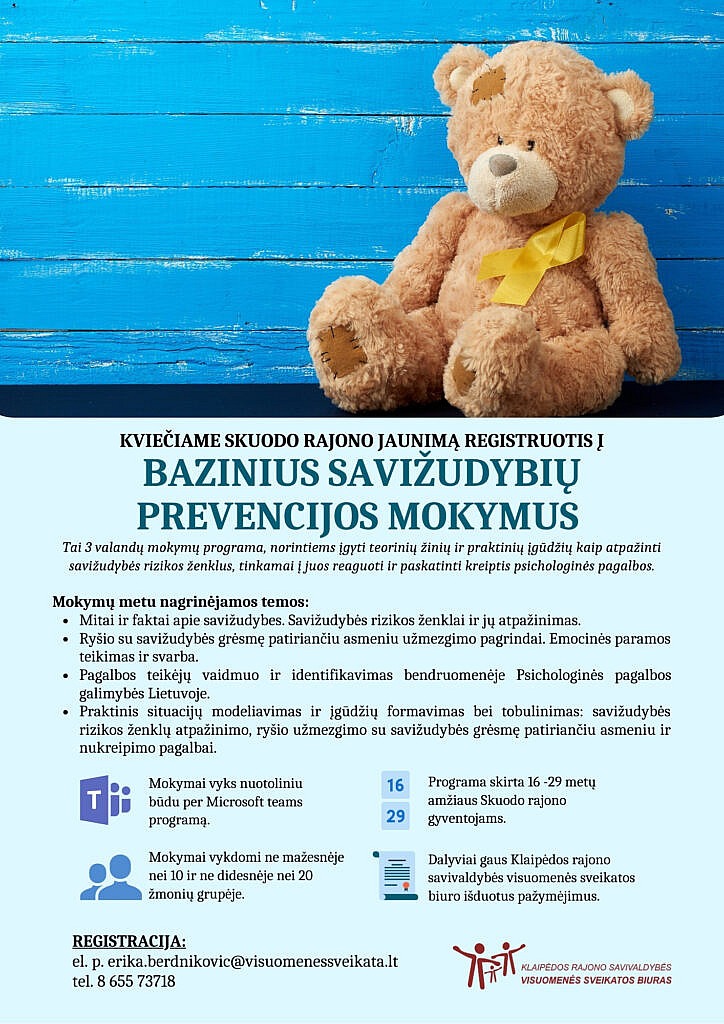 Skuodo rajono jaunimas kviečiamas į bazinius savižudybių prevencijos mokymus