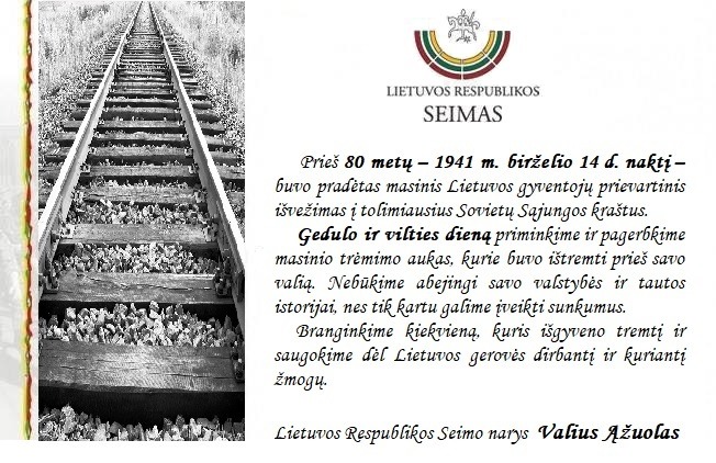 LR Seimo nario Valiaus Ąžuolo žodžiai, minint Gedulo ir vilties dieną