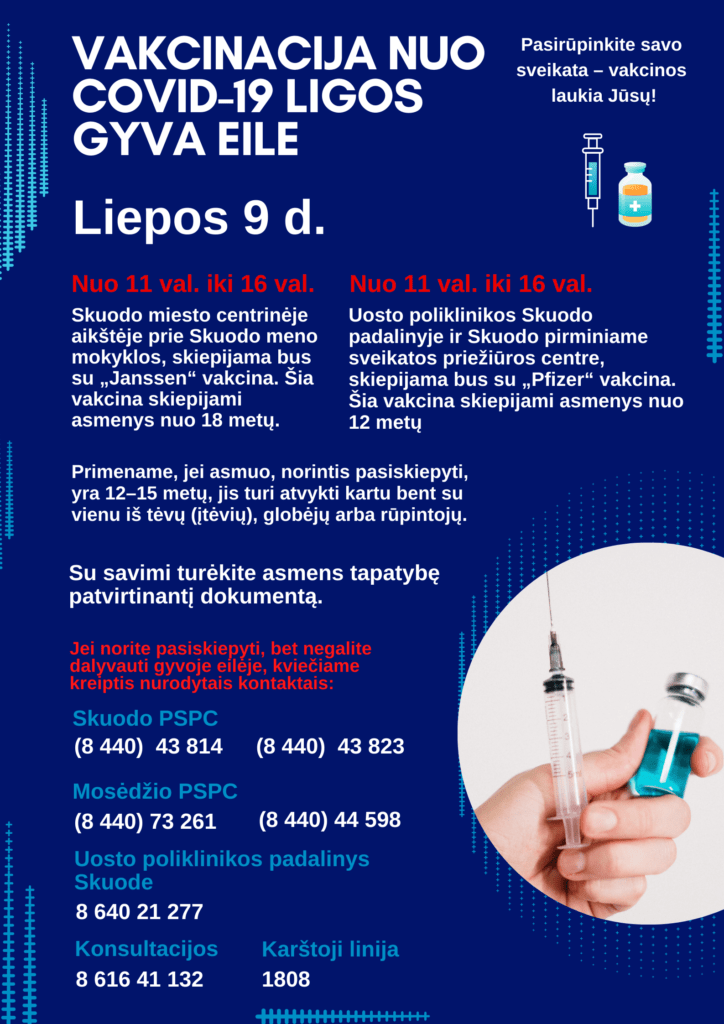 Gyva eilė: liepos 9 d. bus galima pasiskiepyti su „Janssen“ ir „Pfizer“ vakcinomis