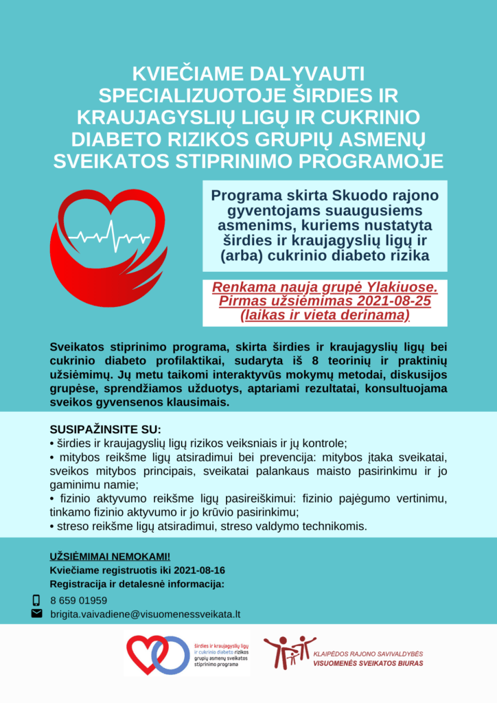 Kviečiame dalyvauti specializuotoje širdies ir kraujagyslių ligų ir cukrinio diabeto rizikos grupių asmenų sveikatos stiprinimo programoje: nauja grupė Ylakiuose