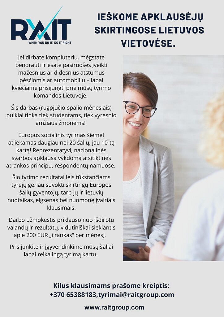 UAB „RAIT“ ieško apklausėjų skirtingose Lietuvos vietovėse
