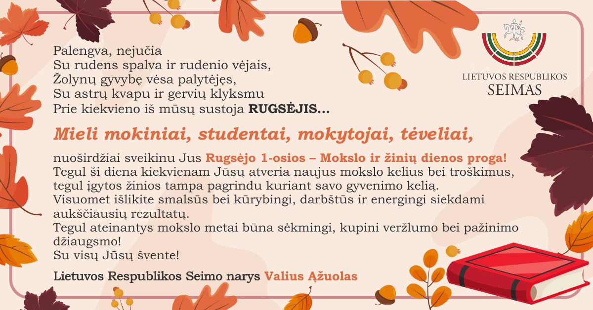 LR Seimo nario Valiaus Ąžuolo sveikinimas Mokslo ir žinių dienos proga