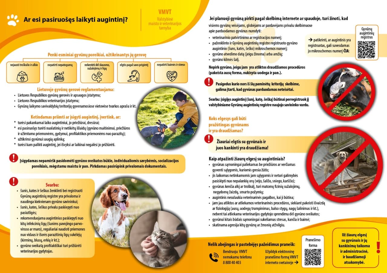 Valstybinė maisto ir veterinarijos tarnyba informuoja apie augintinių ir gyvūnų laikymą, priežiūrą