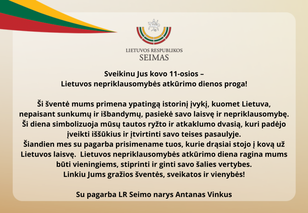 Seimo nario Antano Vinkaus sveikinimas
