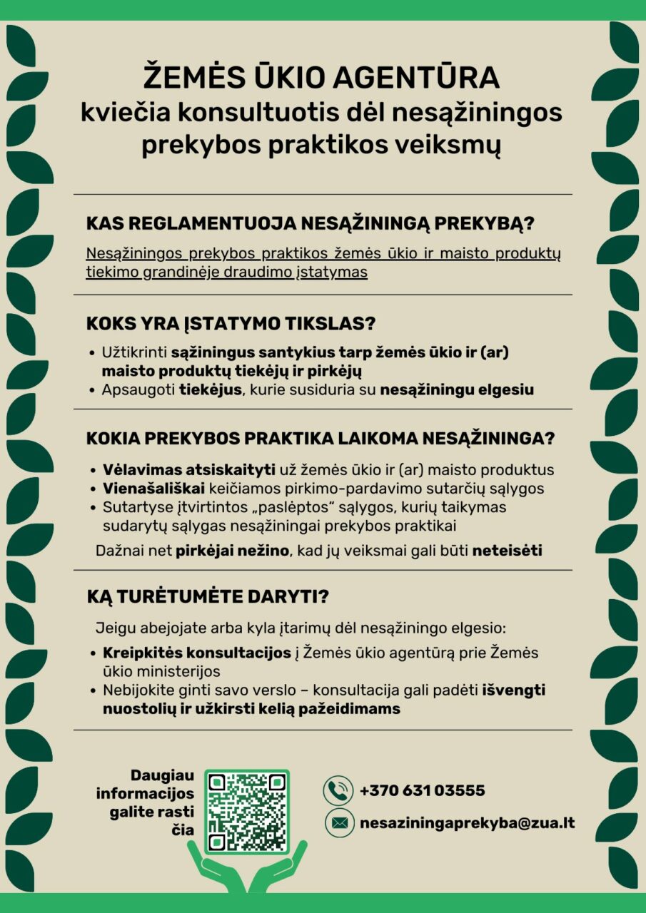 Žemės ūkio agentūra kviečia konsultuotis dėl nesąžiningos prekybos praktikos veiksmų