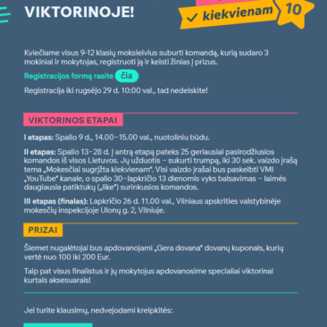 Moksleiviai kviečiami dalyvauti jau dešimtą kartą vykstančioje viktorinoje „Mokesčiai sugrįžta kiekvienam“