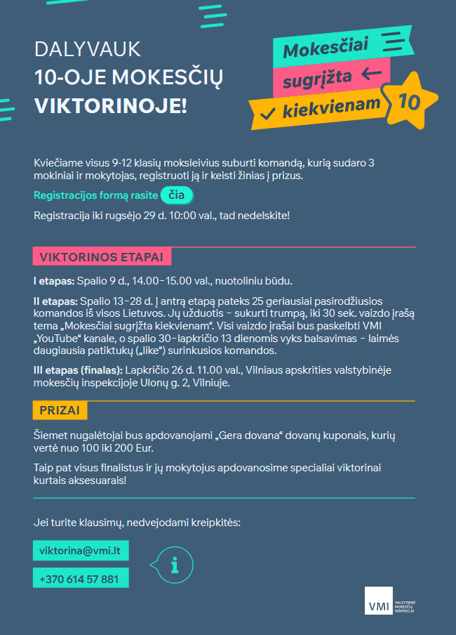 Moksleiviai kviečiami dalyvauti jau dešimtą kartą vykstančioje viktorinoje „Mokesčiai sugrįžta kiekvienam“